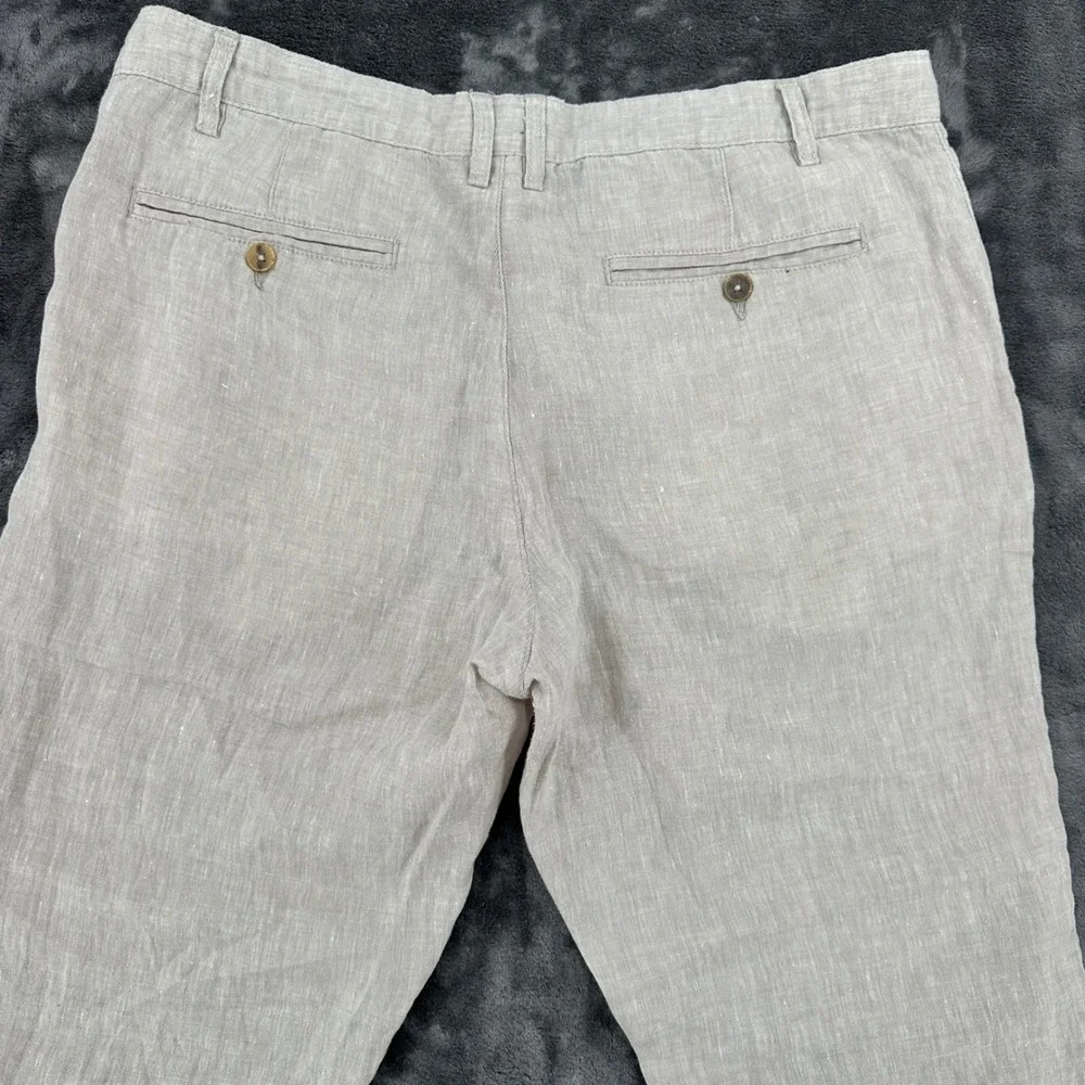 HM Mens 100% Linen Pants Mens 36 Oatmeal Beige Drawstring Straight Leg Trousers